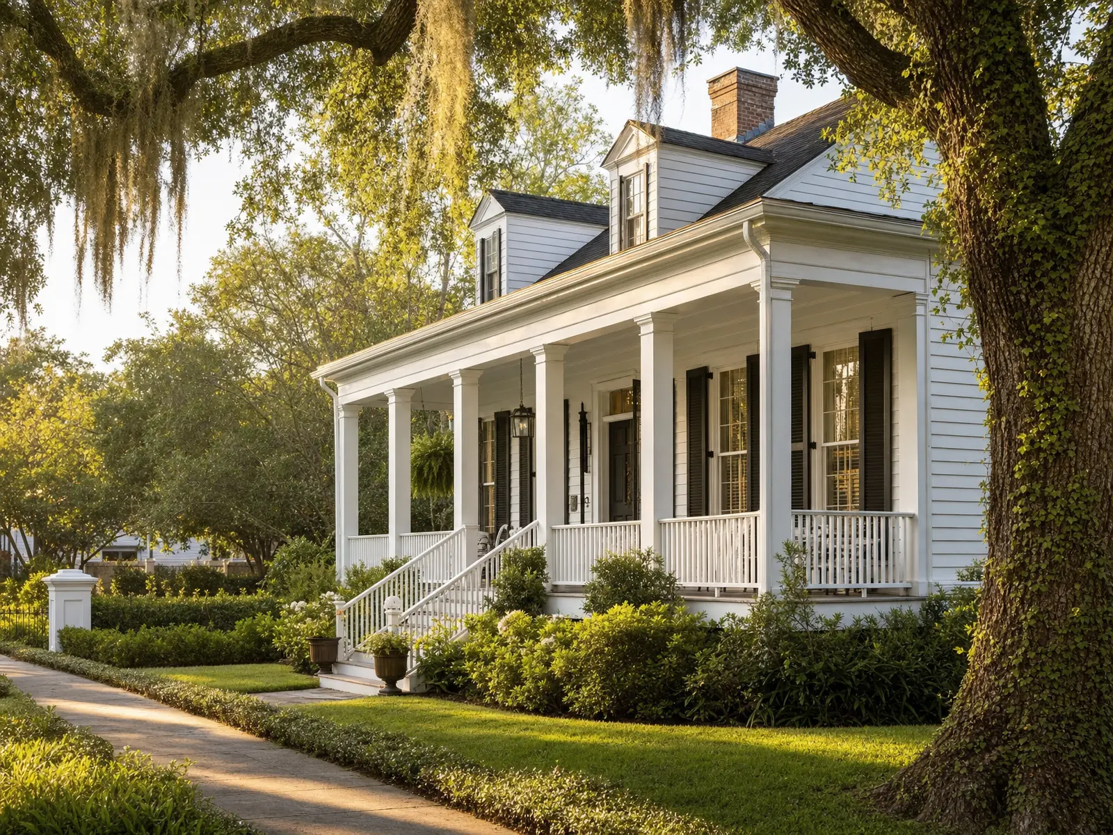 A traditional Charleston home with a wide front porch beneath a live oak