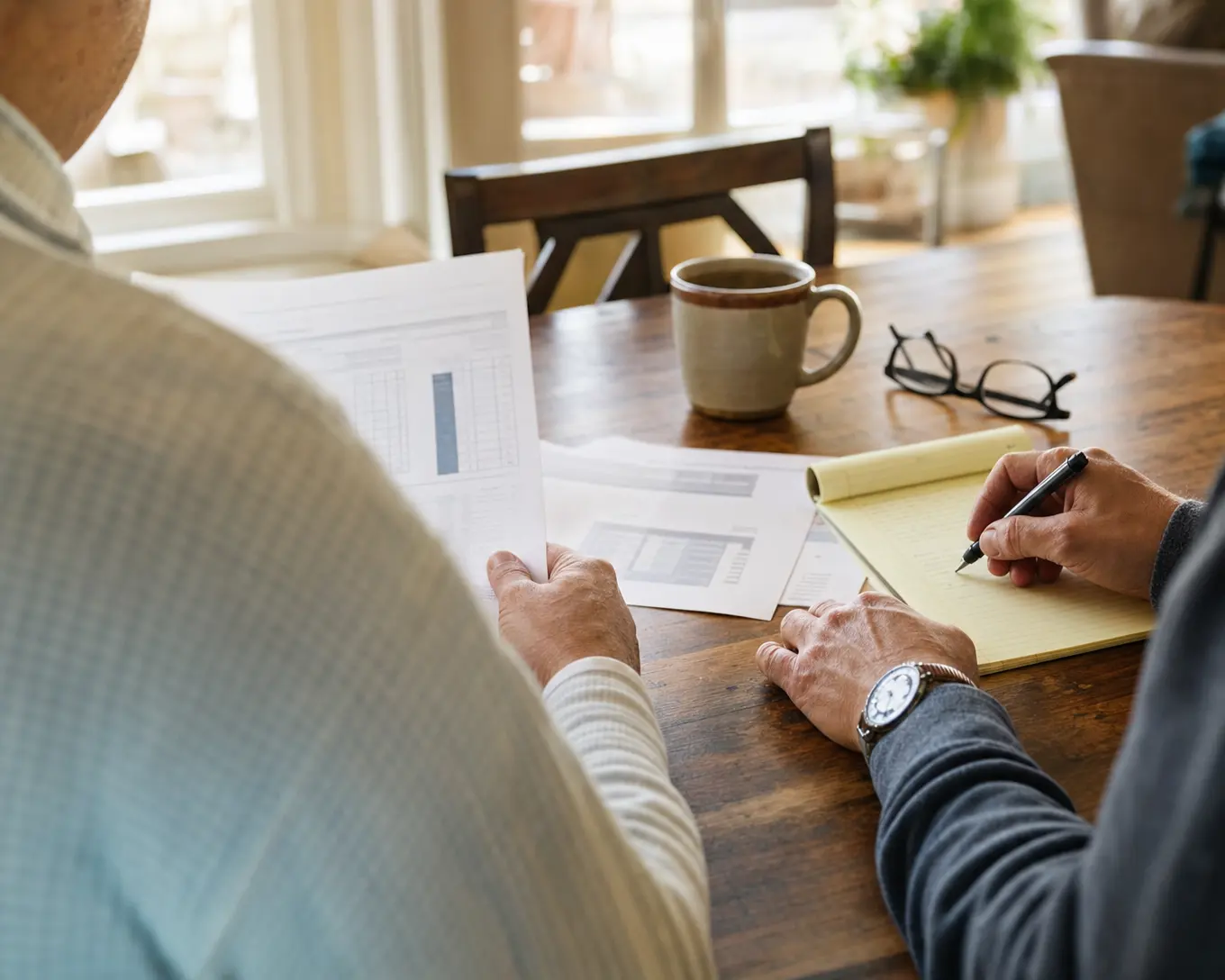 Two people reviewing documents together at a kitchen table